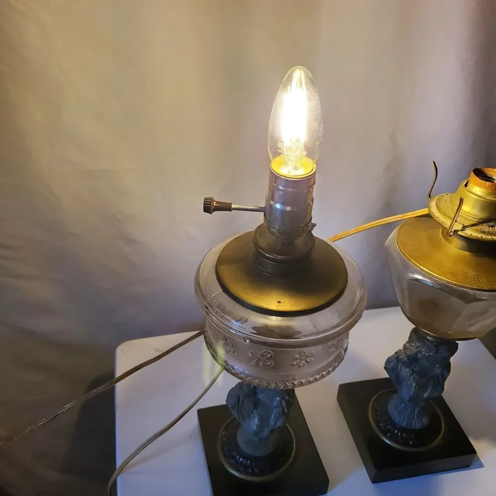 2 Antique Oil Electric Lamps Female Bust Spelter Metal Black & Brass Base Glass